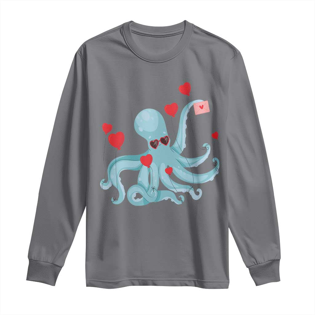 Valentine's Day Long Sleeve Shirt Octopus With Heart Balloons Cute Love Letter TS09 Charcoal Print Your Wear