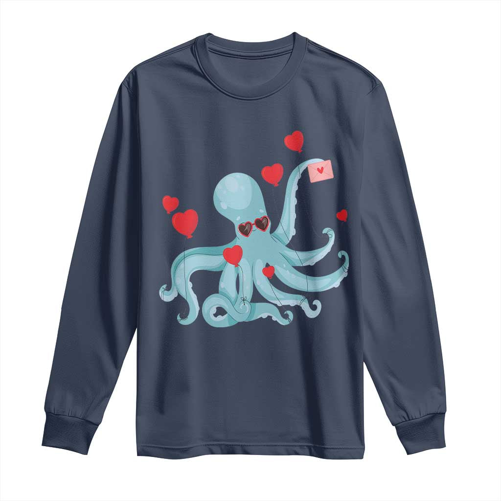 Valentine's Day Long Sleeve Shirt Octopus With Heart Balloons Cute Love Letter TS09 Navy Print Your Wear