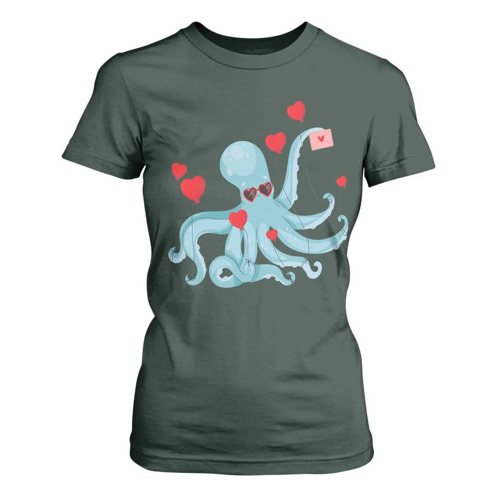 Valentine's Day T Shirt For Women Octopus With Heart Balloons Cute Love Letter TS09 Dark Forest Green Print Your Wear