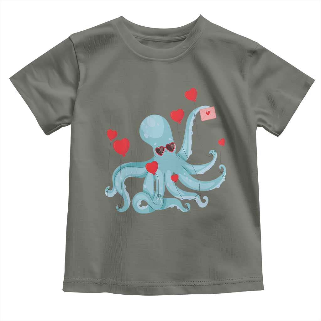 Valentine's Day Toddler T Shirt Octopus With Heart Balloons Cute Love Letter TS09 Military Green Print Your Wear