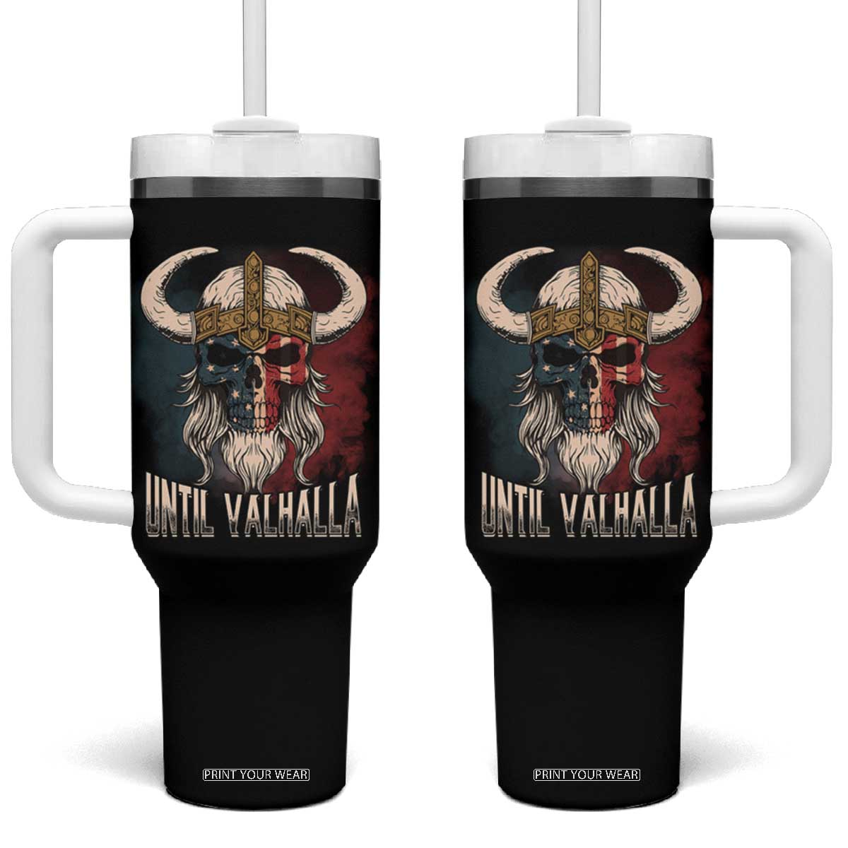 Viking Tumbler With Handle Until Valhalla US Flag Vintage Mythology TS09 One Size: 40 oz Black Print Your Wear