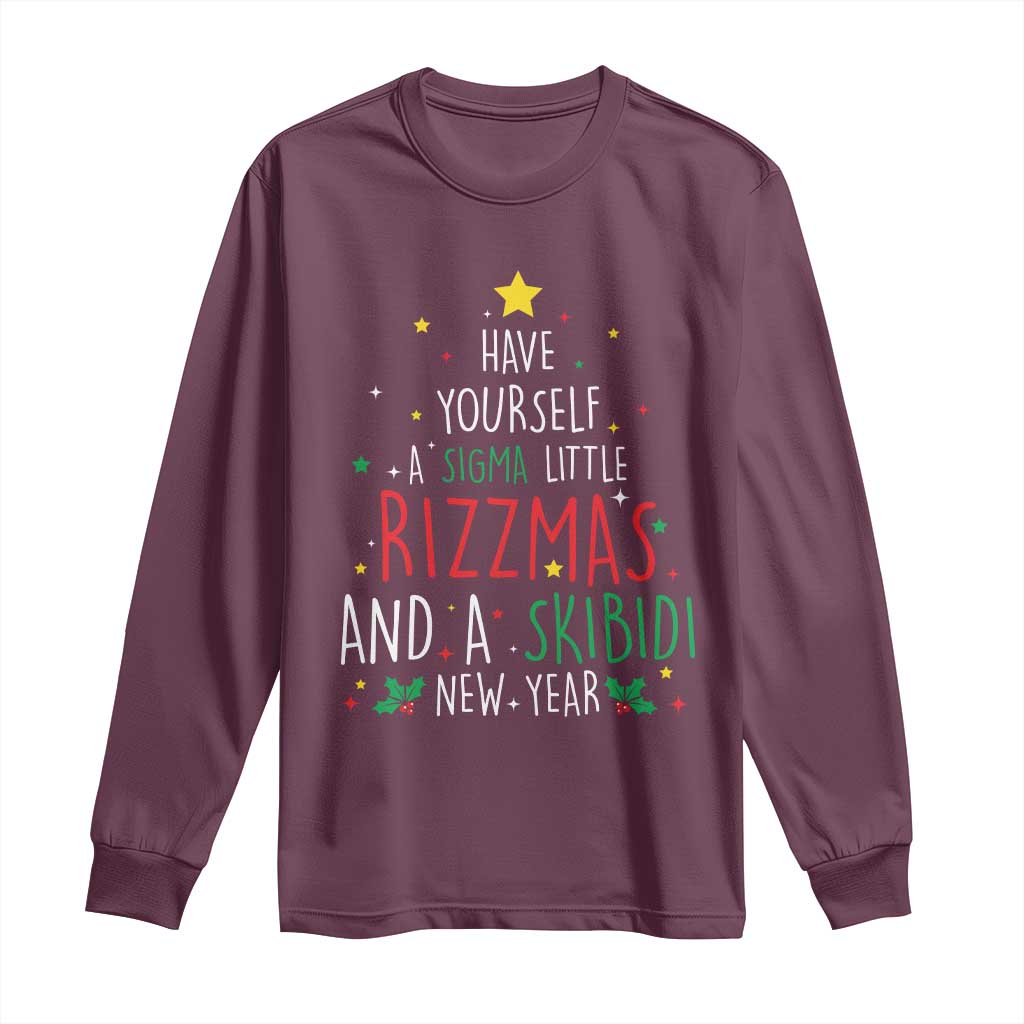 Funny Xmas Long Sleeve Shirt Have Yourself A Sigma Little Rizzmas And A Skibidi New Year TS09 Maroon Print Your Wear
