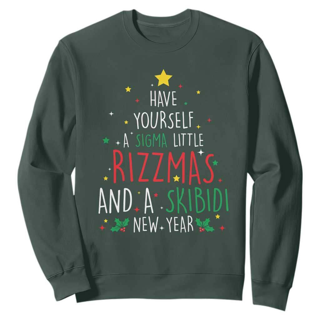 Funny Xmas Sweatshirt Have Yourself A Sigma Little Rizzmas And A Skibidi New Year TS09 Dark Forest Green Print Your Wear