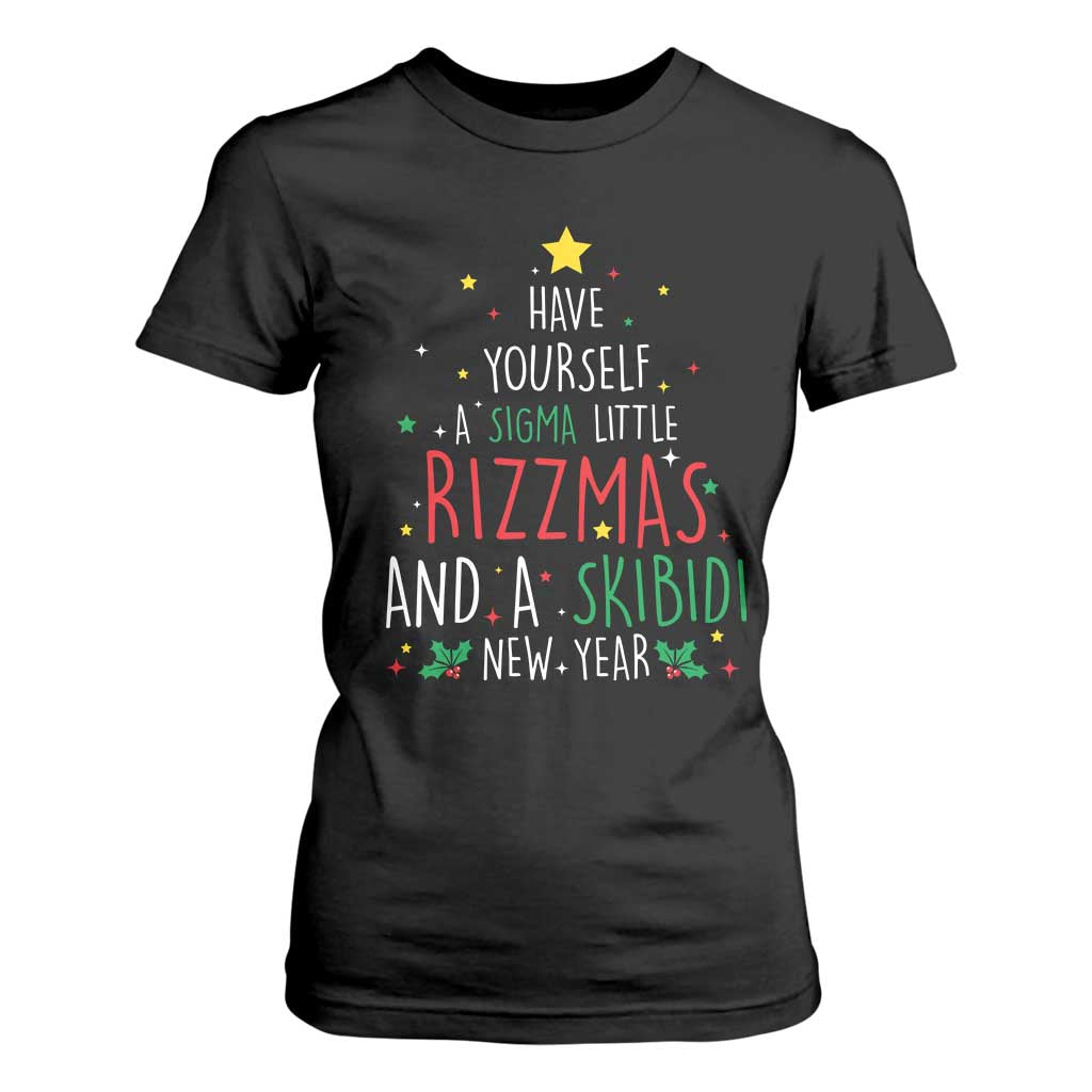 Funny Xmas T Shirt For Women Have Yourself A Sigma Little Rizzmas And A Skibidi New Year TS09 Black Print Your Wear