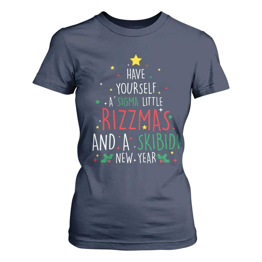 Funny Xmas T Shirt For Women Have Yourself A Sigma Little Rizzmas And A Skibidi New Year TS09 Navy Print Your Wear