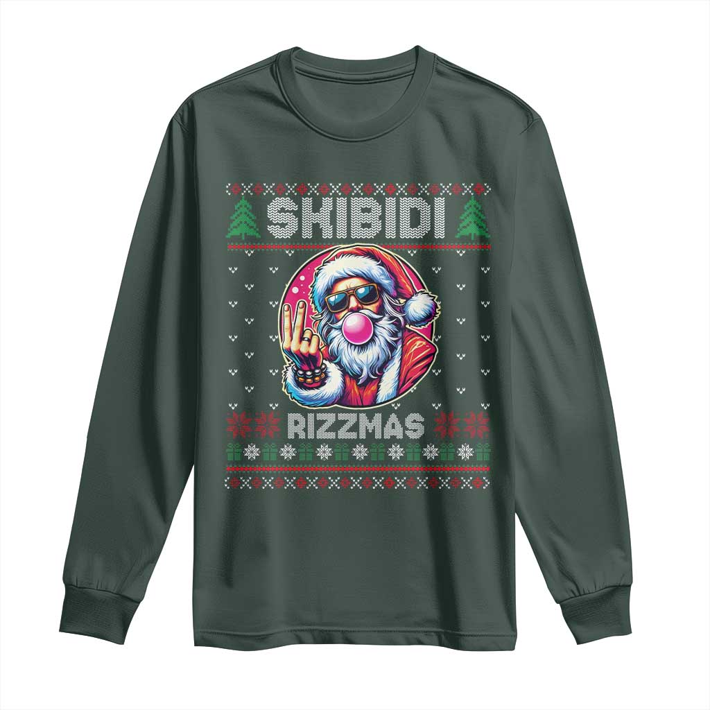 Funny Xmas Long Sleeve Shirt Skibidi Rizzmas Santa Bubble Gum TS09 Dark Forest Green Print Your Wear