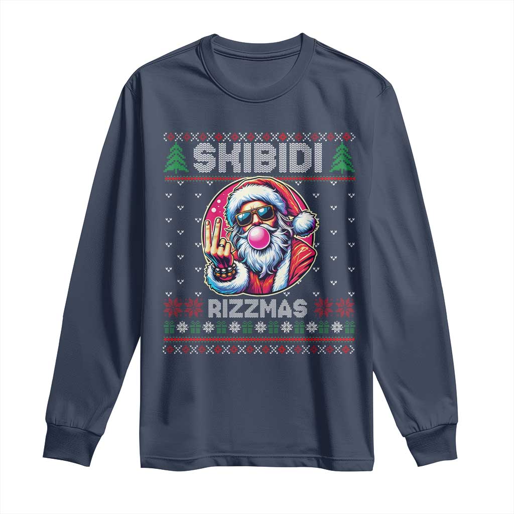 Funny Xmas Long Sleeve Shirt Skibidi Rizzmas Santa Bubble Gum TS09 Navy Print Your Wear