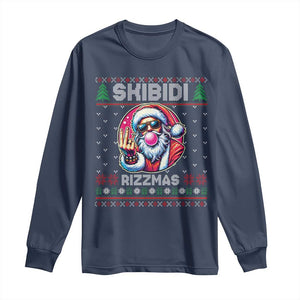 Funny Xmas Long Sleeve Shirt Skibidi Rizzmas Santa Bubble Gum TS09 Navy Print Your Wear