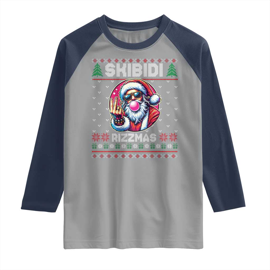 Funny Xmas Raglan Shirt Skibidi Rizzmas Santa Bubble Gum TS09 Sport Gray Navy Print Your Wear
