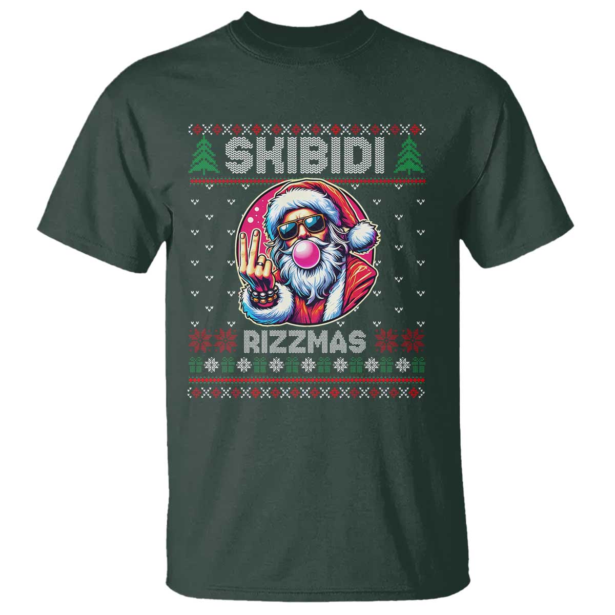 Funny Xmas T Shirt Skibidi Rizzmas Santa Bubble Gum TS09 Dark Forest Green Print Your Wear