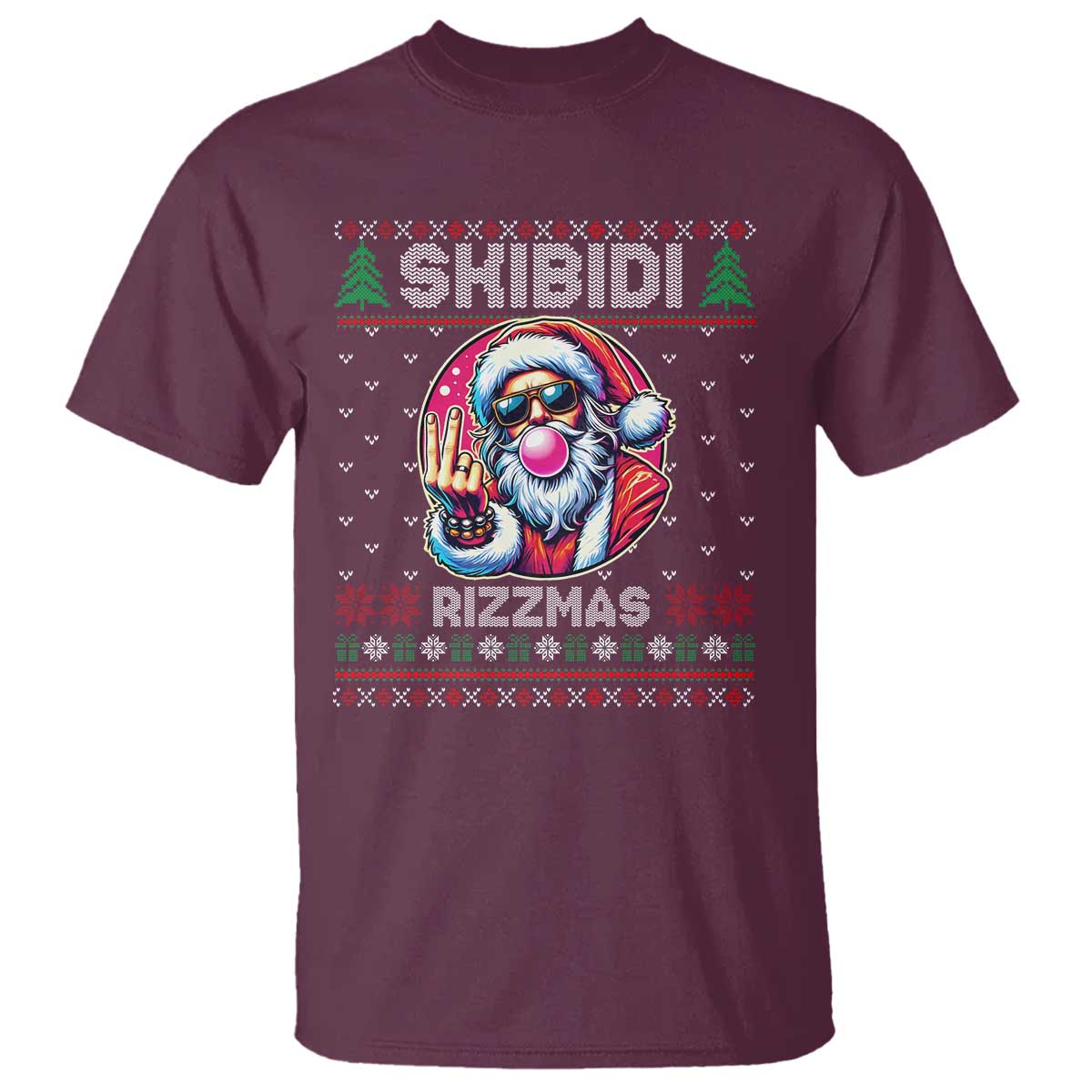 Funny Xmas T Shirt Skibidi Rizzmas Santa Bubble Gum TS09 Maroon Print Your Wear