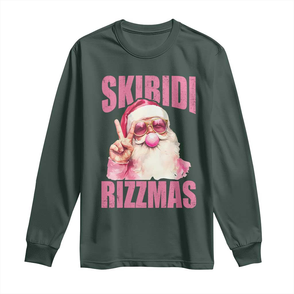 Funny Xmas Long Sleeve Shirt Skibidi Rizzmas Pink Santa Bubble Gum TS09 Dark Forest Green Print Your Wear