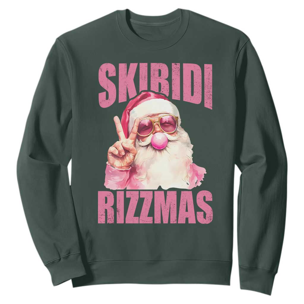 Funny Xmas Sweatshirt Skibidi Rizzmas Pink Santa Bubble Gum TS09 Dark Forest Green Print Your Wear