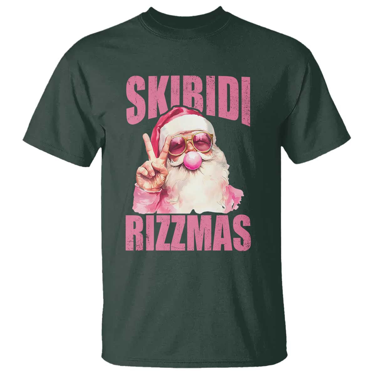 Funny Xmas T Shirt Skibidi Rizzmas Pink Santa Bubble Gum TS09 Dark Forest Green Print Your Wear