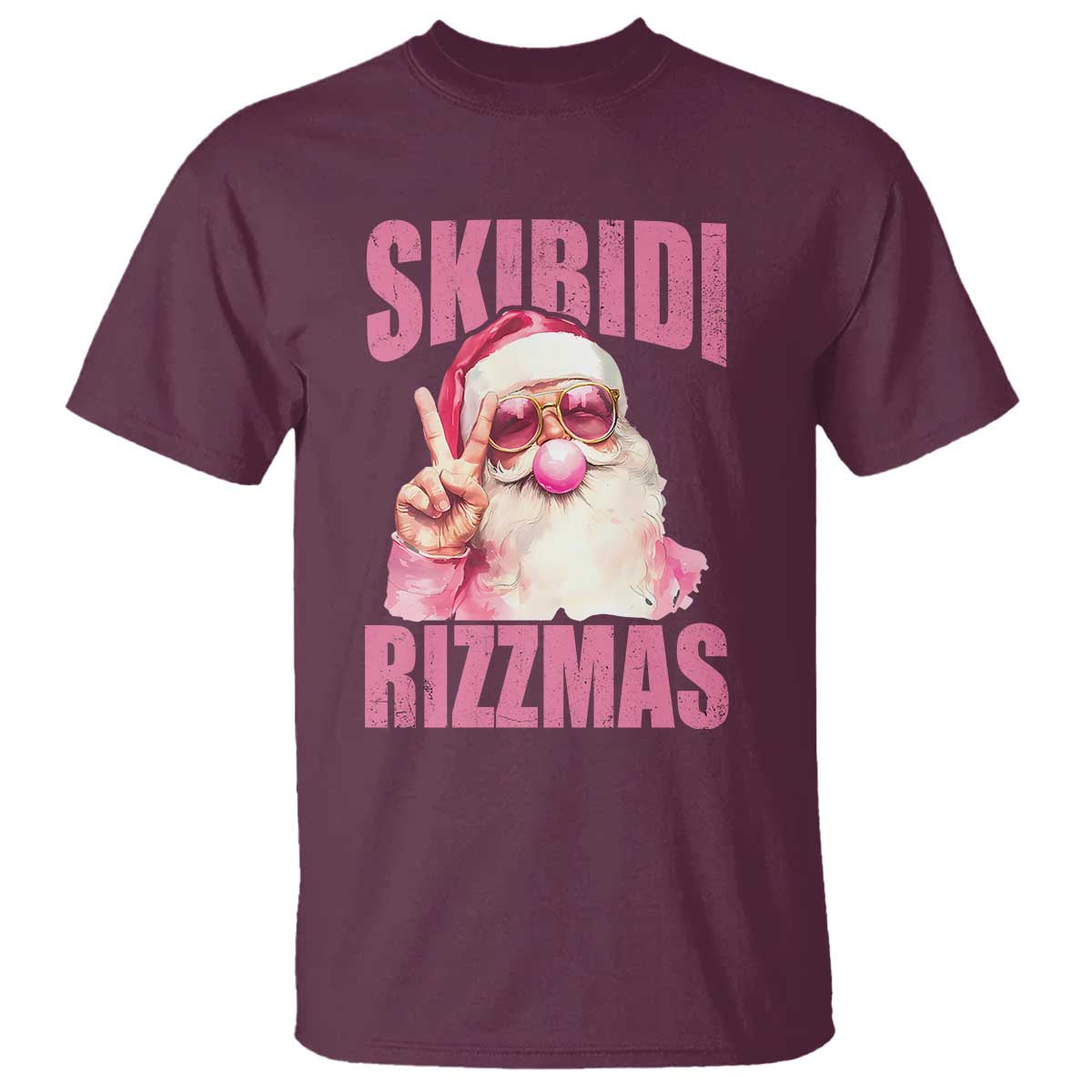 Funny Xmas T Shirt Skibidi Rizzmas Pink Santa Bubble Gum TS09 Maroon Print Your Wear