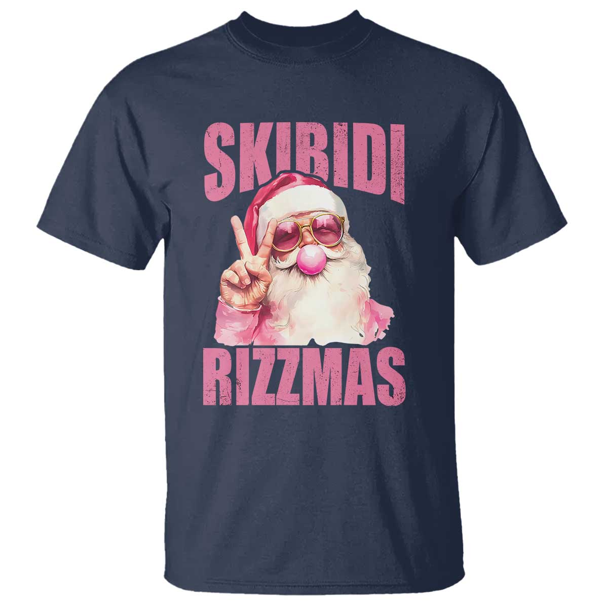 Funny Xmas T Shirt Skibidi Rizzmas Pink Santa Bubble Gum TS09 Navy Print Your Wear