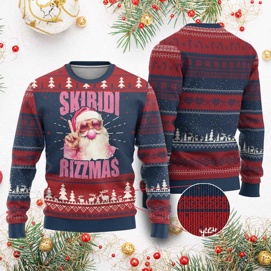 Funny Xmas Ugly Christmas Sweater Skibidi Rizzmas Pink Santa Bubble Gum TS09 Burgundy Print Your Wear