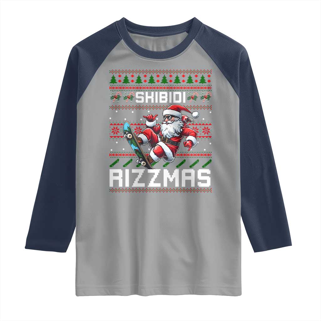 Funny Xmas Raglan Shirt Skibidi Rizzmas Cool Santa Skateboard Rizz TS09 Sport Gray Navy Print Your Wear
