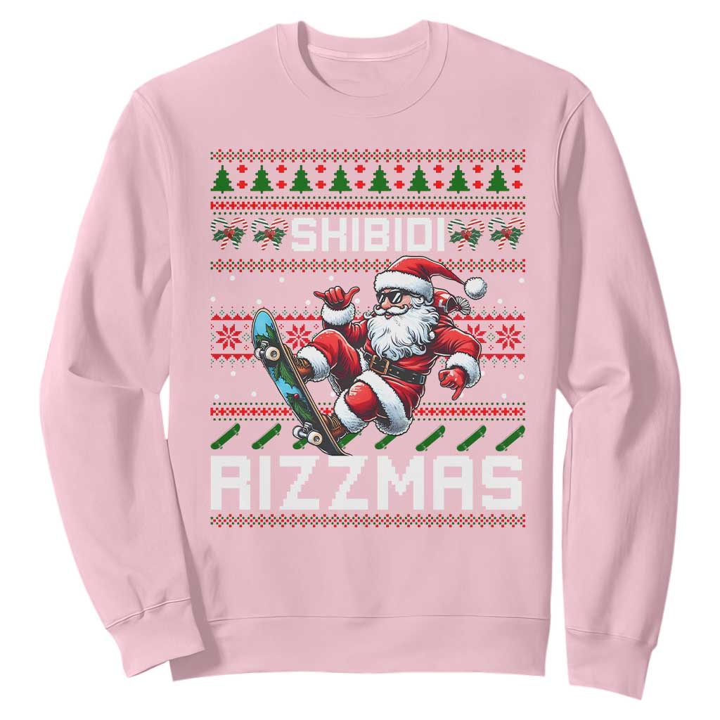 Funny Xmas Sweatshirt Skibidi Rizzmas Cool Santa Skateboard Rizz TS09 Light Pink Print Your Wear