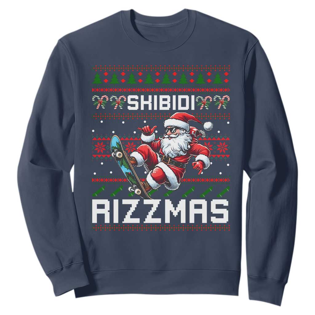 Funny Xmas Sweatshirt Skibidi Rizzmas Cool Santa Skateboard Rizz TS09 Navy Print Your Wear