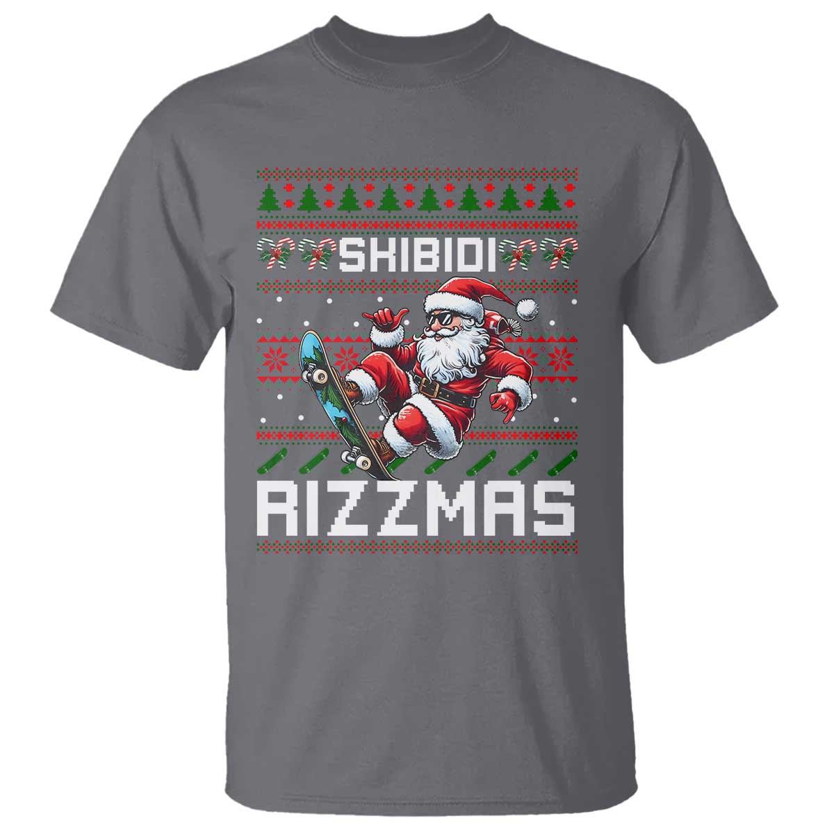 Funny Xmas T Shirt Skibidi Rizzmas Cool Santa Skateboard Rizz TS09 Charcoal Print Your Wear