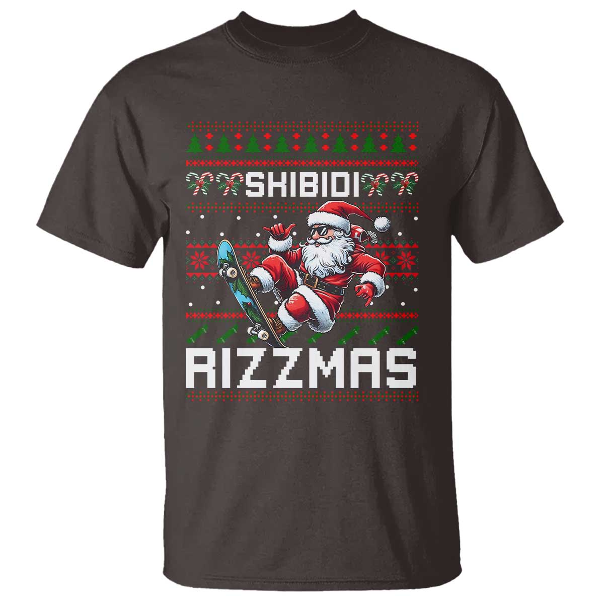 Funny Xmas T Shirt Skibidi Rizzmas Cool Santa Skateboard Rizz TS09 Dark Chocolate Print Your Wear