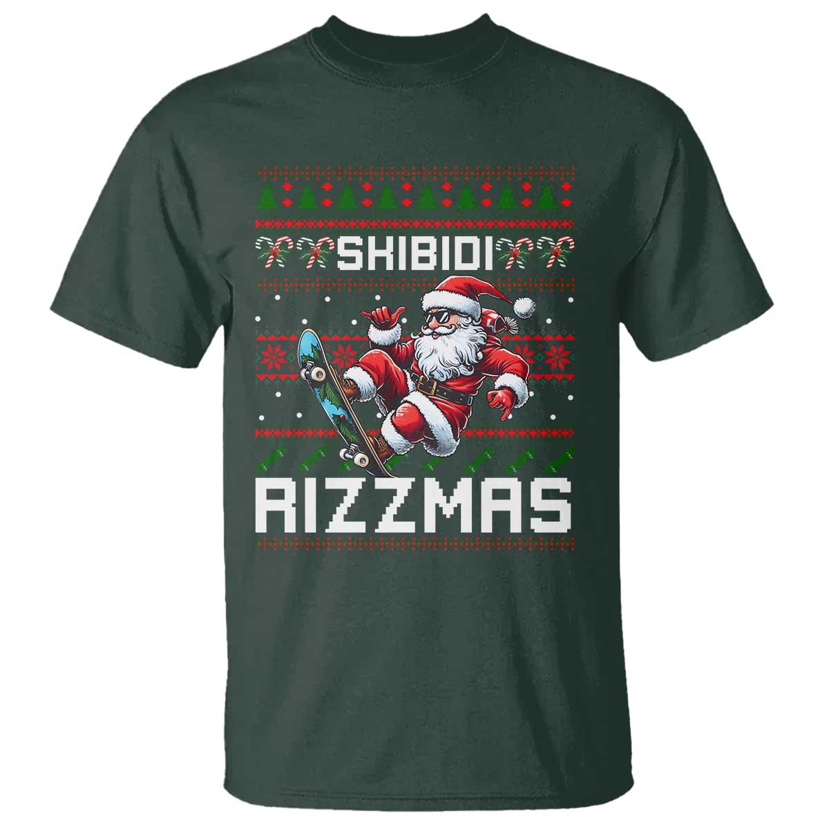 Funny Xmas T Shirt Skibidi Rizzmas Cool Santa Skateboard Rizz TS09 Dark Forest Green Print Your Wear