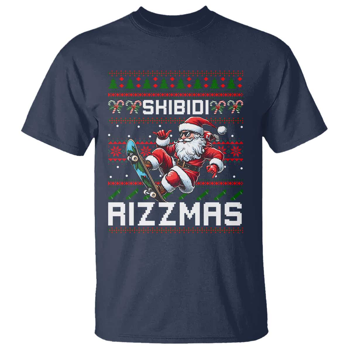 Funny Xmas T Shirt Skibidi Rizzmas Cool Santa Skateboard Rizz TS09 Navy Print Your Wear