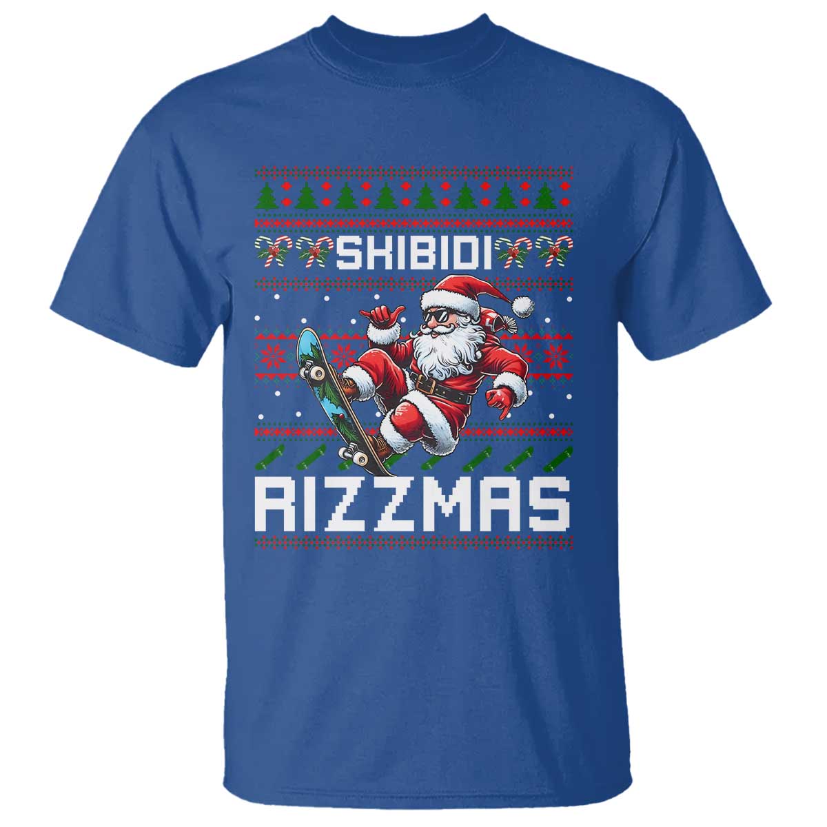 Funny Xmas T Shirt Skibidi Rizzmas Cool Santa Skateboard Rizz TS09 Royal Blue Print Your Wear