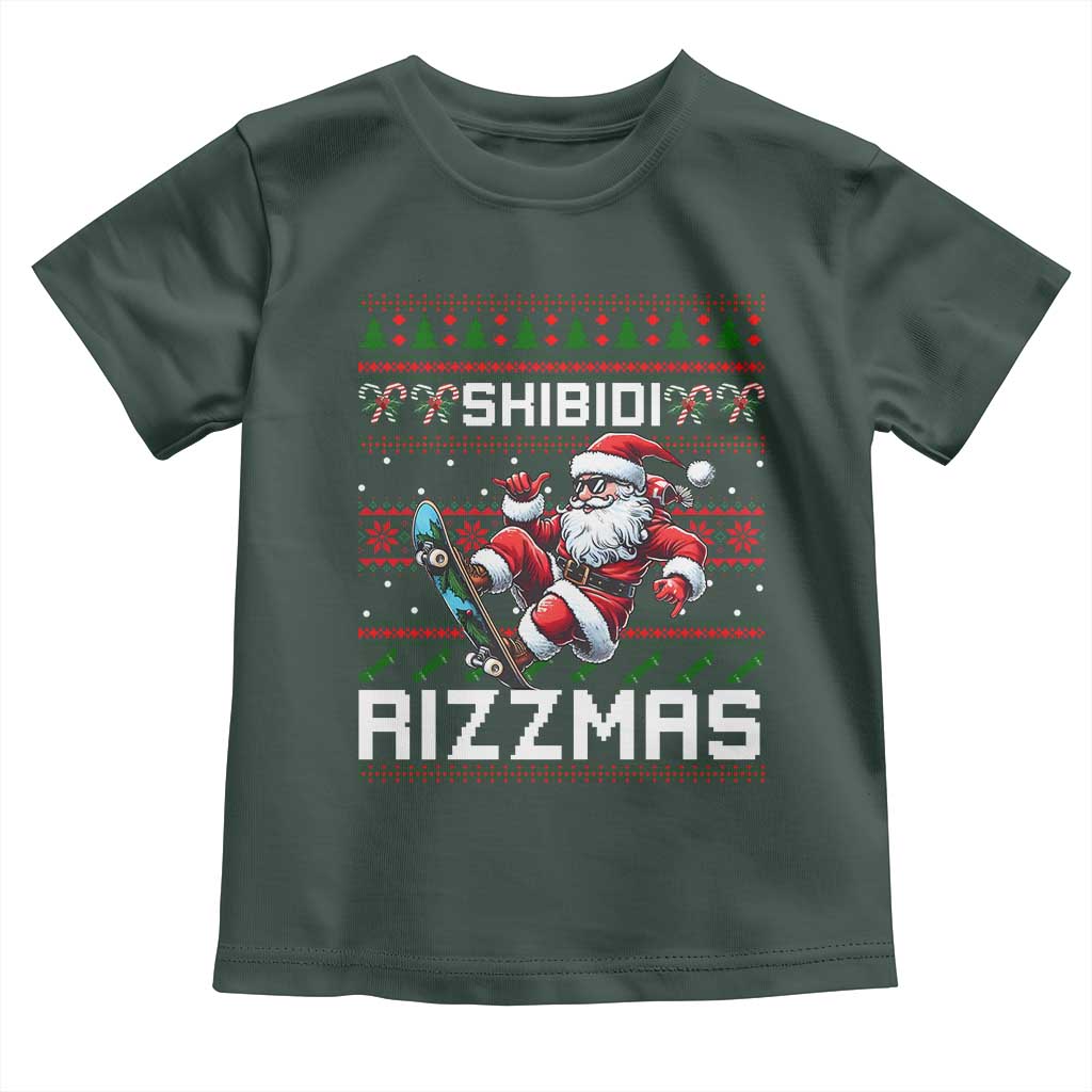 Funny Xmas Toddler T Shirt Skibidi Rizzmas Cool Santa Skateboard Rizz TS09 Dark Forest Green Print Your Wear