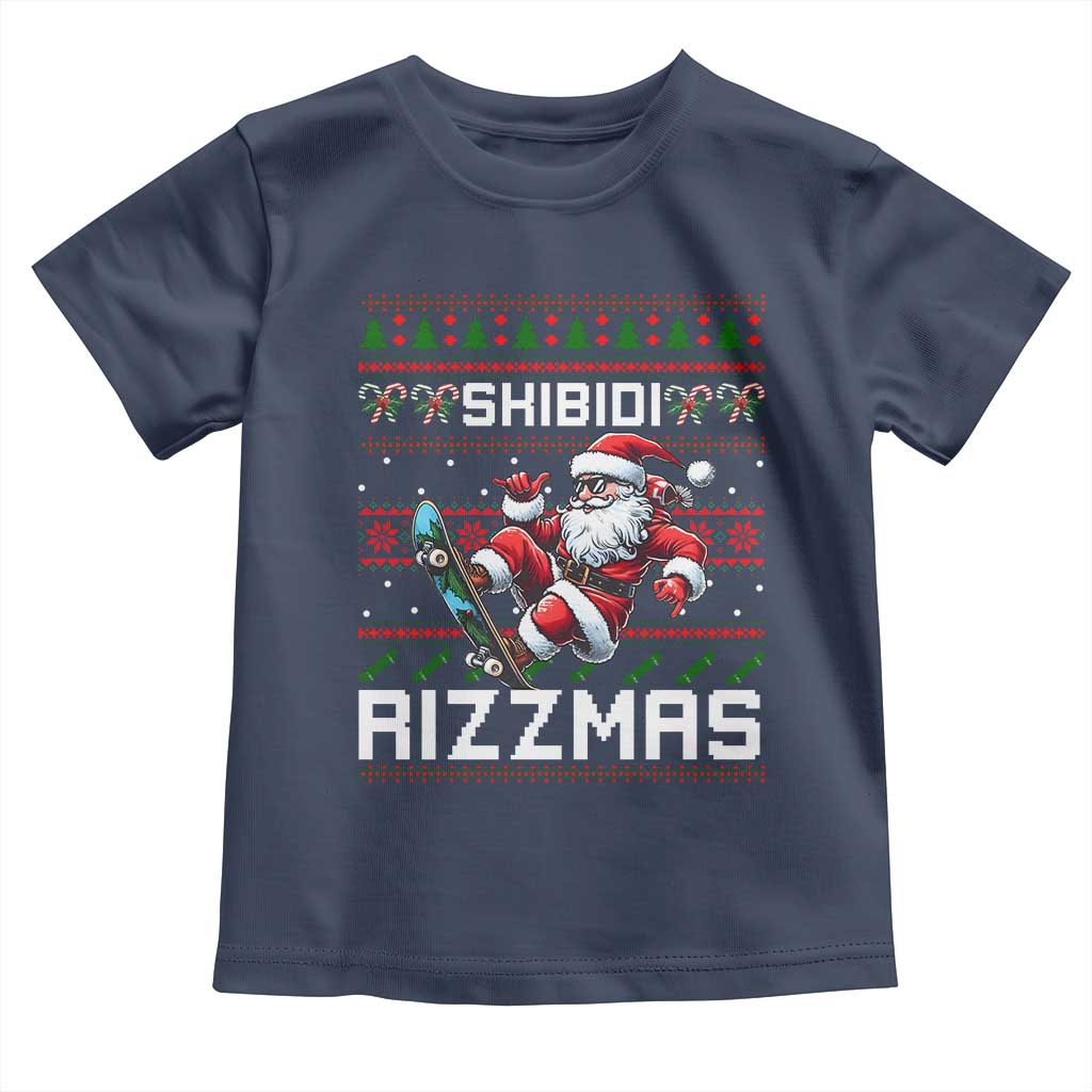 Funny Xmas Toddler T Shirt Skibidi Rizzmas Cool Santa Skateboard Rizz TS09 Navy Print Your Wear
