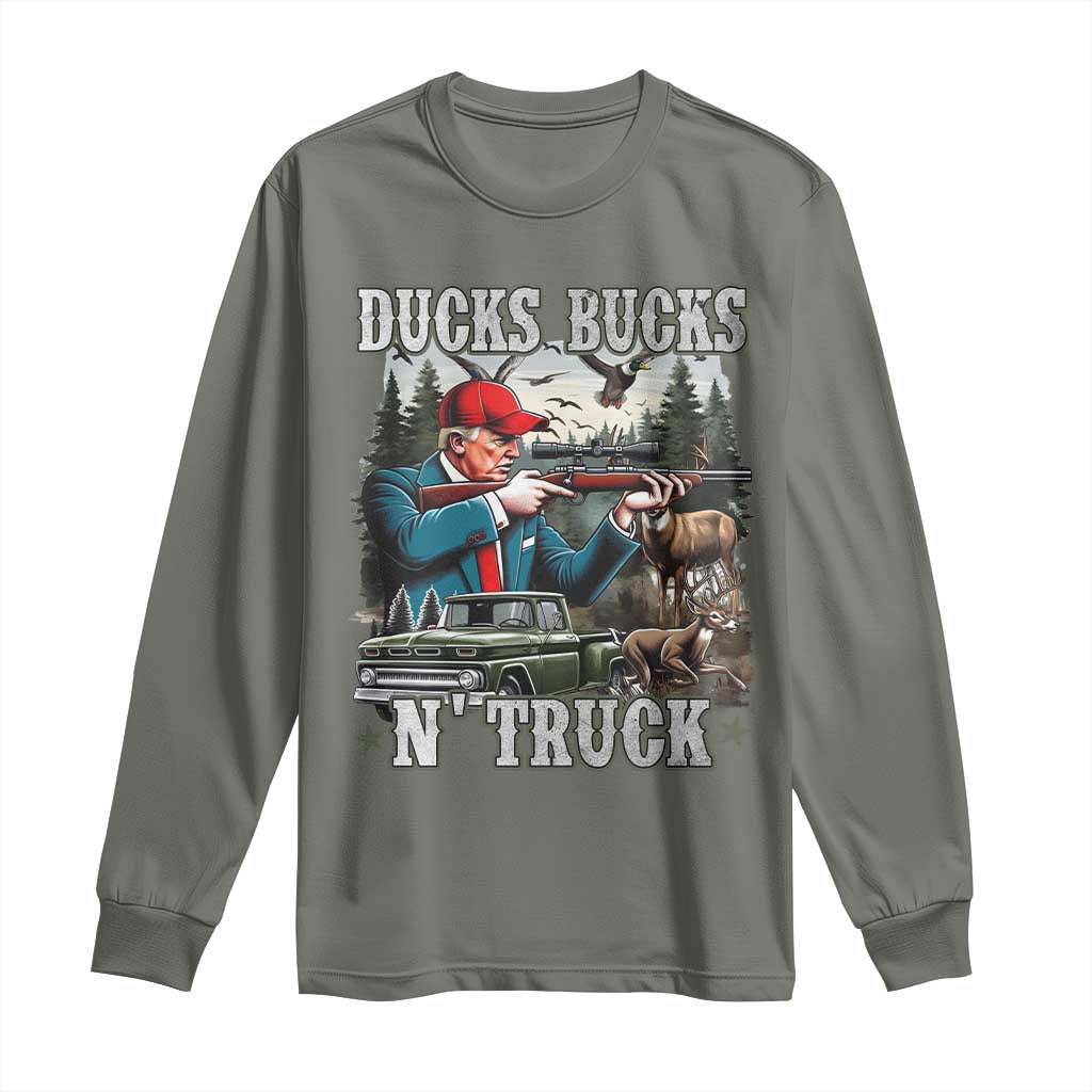 Trump Hunting Long Sleeve Shirt Ducks Bucks N' Truck Hunter Country Life TS09 Military Green Print Your Wear