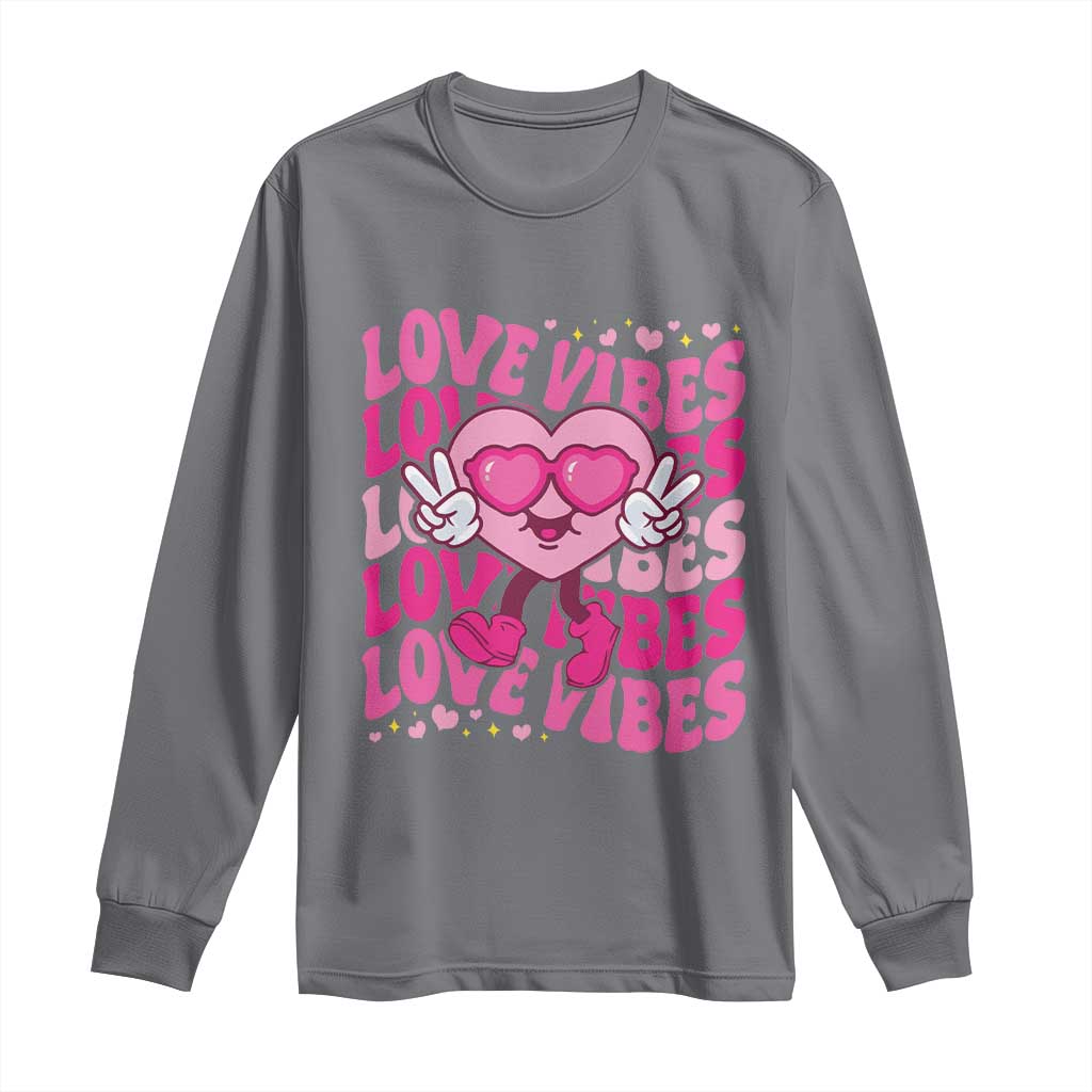 Valentine's Day Long Sleeve Shirt Retro Groovy Love Vibes Heart Eyes TS09 Charcoal Print Your Wear