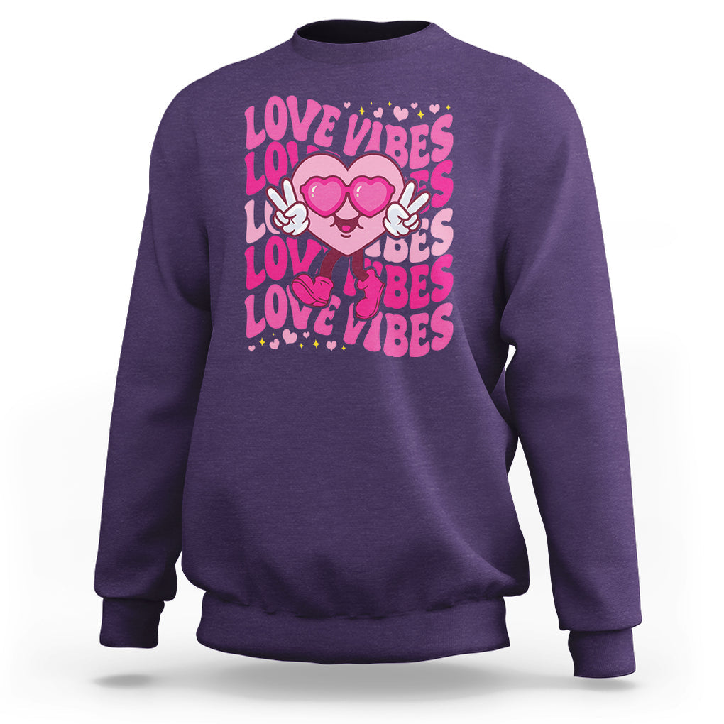 Valentine's Day Sweatshirt Retro Groovy Love Vibes Heart Eyes TS09 Purple Printyourwear