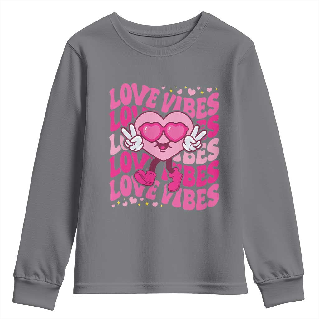 Valentine's Day Youth Sweatshirt Retro Groovy Love Vibes Heart Eyes TS09 Charcoal Print Your Wear