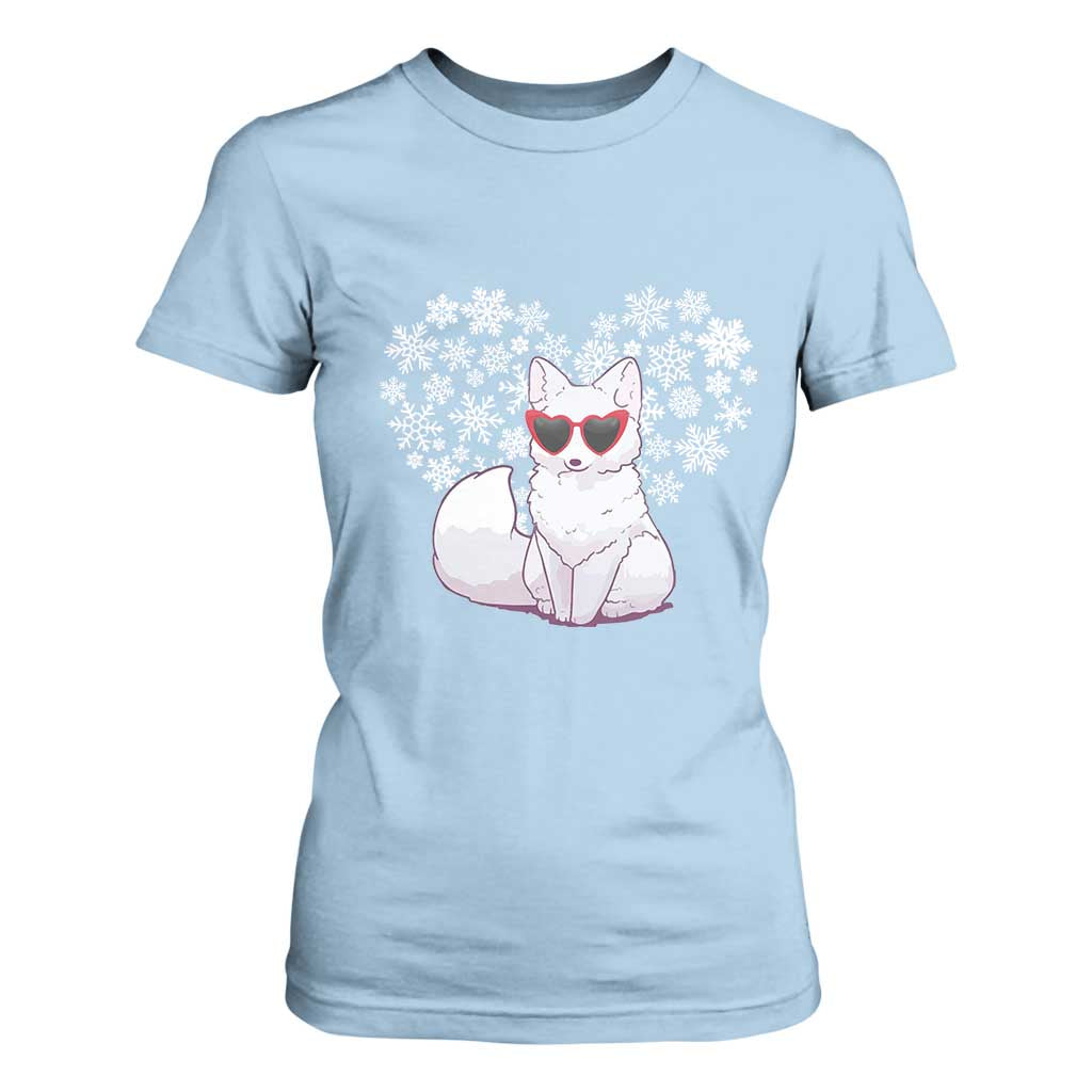 Valentine's Day T Shirt For Women Arctic Snow Fox Heart Glasses Snowflake Animal Lover TS09 Light Blue Print Your Wear