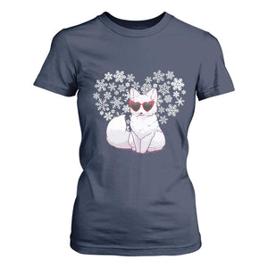 Valentine's Day T Shirt For Women Arctic Snow Fox Heart Glasses Snowflake Animal Lover TS09 Navy Print Your Wear