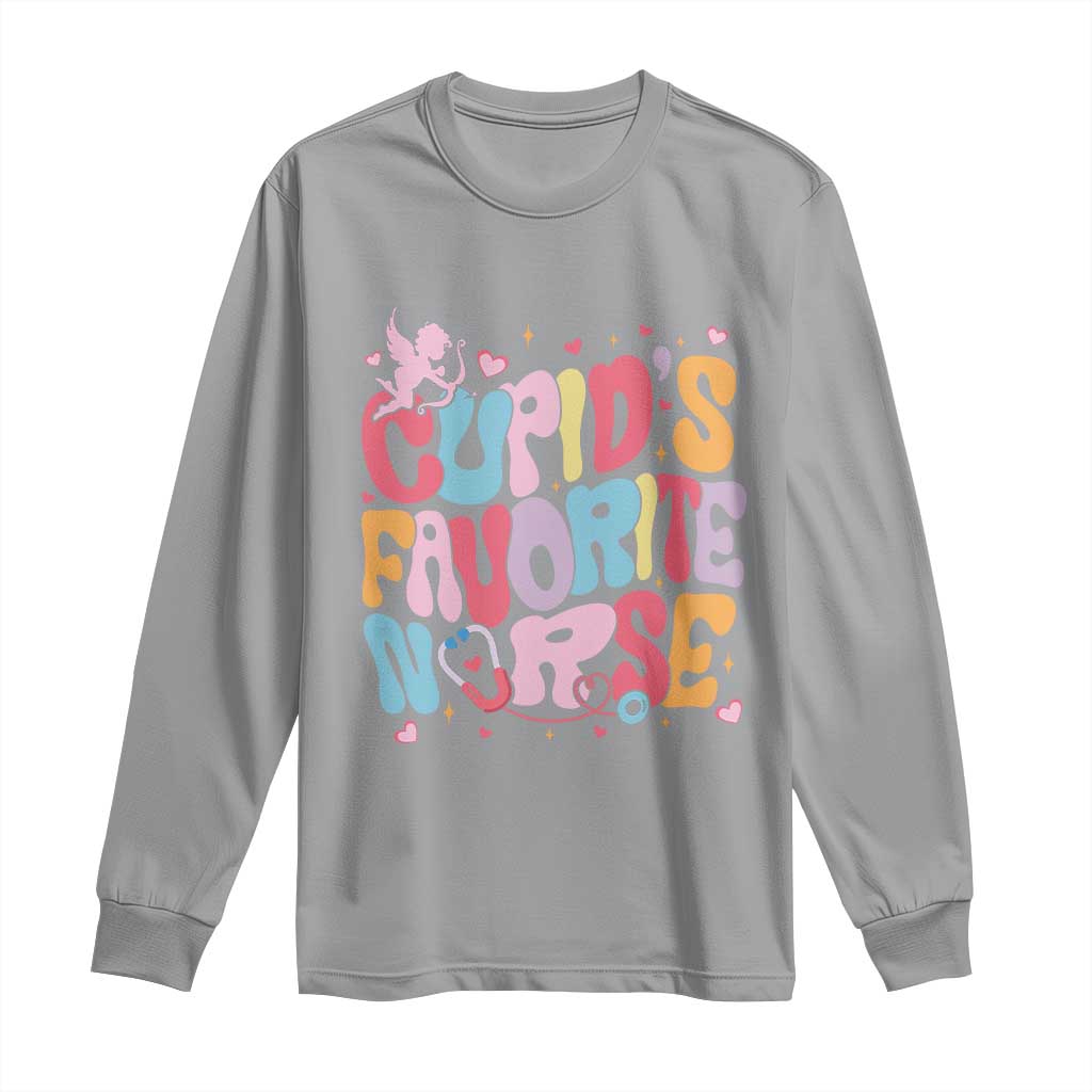 Valentine's Day Long Sleeve Shirt Retro Groovy Cupids Favorite Nurse TS09 Sport Gray Print Your Wear