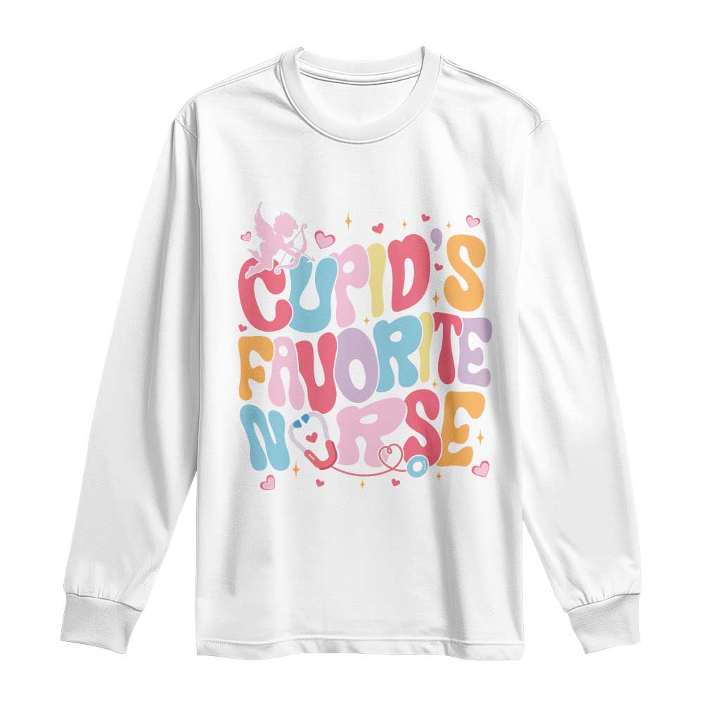 Valentine's Day Long Sleeve Shirt Retro Groovy Cupids Favorite Nurse TS09 White Print Your Wear