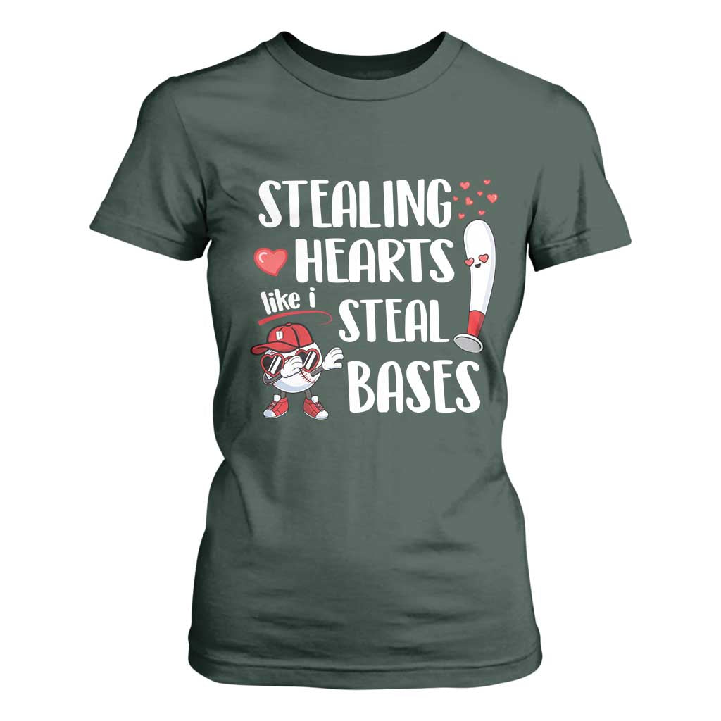 Valentine's Day T Shirt For Women Stealing Hearts Like I Steal Bases Funny Baseball TS09 Dark Forest Green Print Your Wear