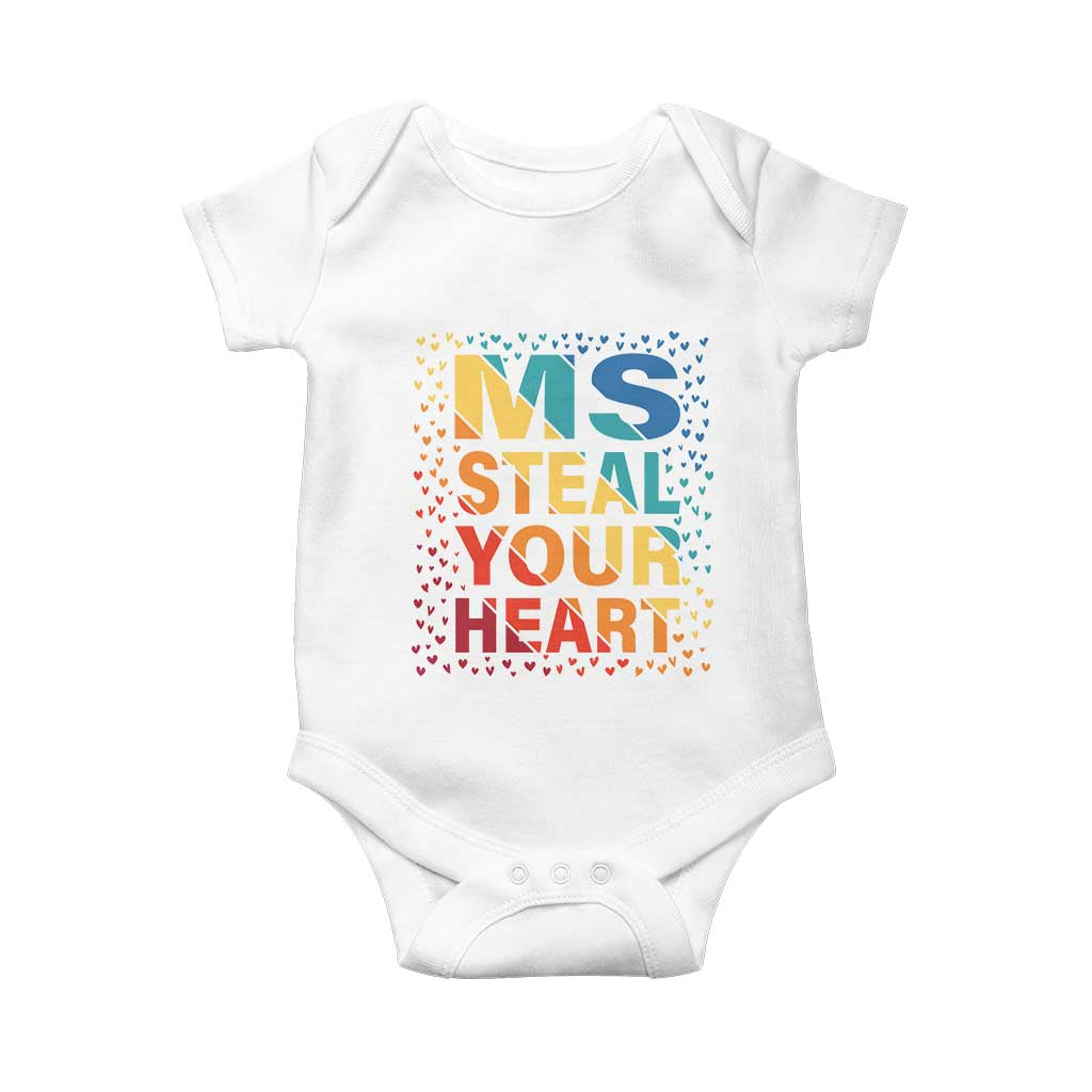 Valentine's Day Baby Onesie Ms Steal Your Heart Funny Rainbow Heart TS09 White Print Your Wear