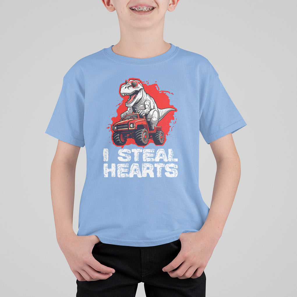 Valentine's Day T Shirt For Kid I Steal Hearts Cool Dinosaur Riding Monster Truck TS09 Carolina Blue Printyourwear