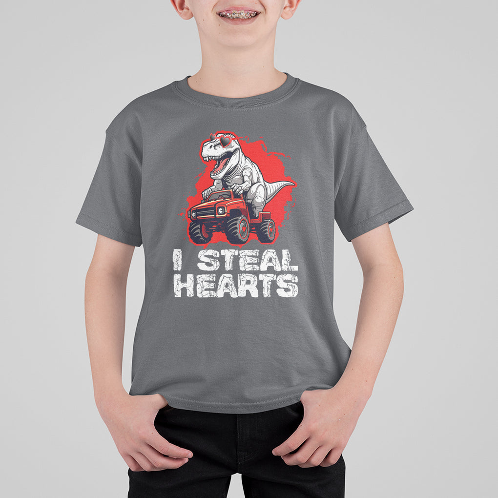 Valentine's Day T Shirt For Kid I Steal Hearts Cool Dinosaur Riding Monster Truck TS09 Charcoal Printyourwear