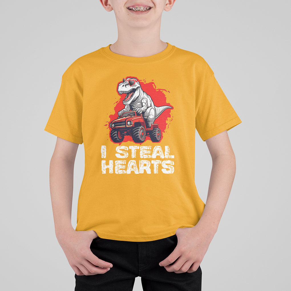 Valentine's Day T Shirt For Kid I Steal Hearts Cool Dinosaur Riding Monster Truck TS09 Gold Printyourwear