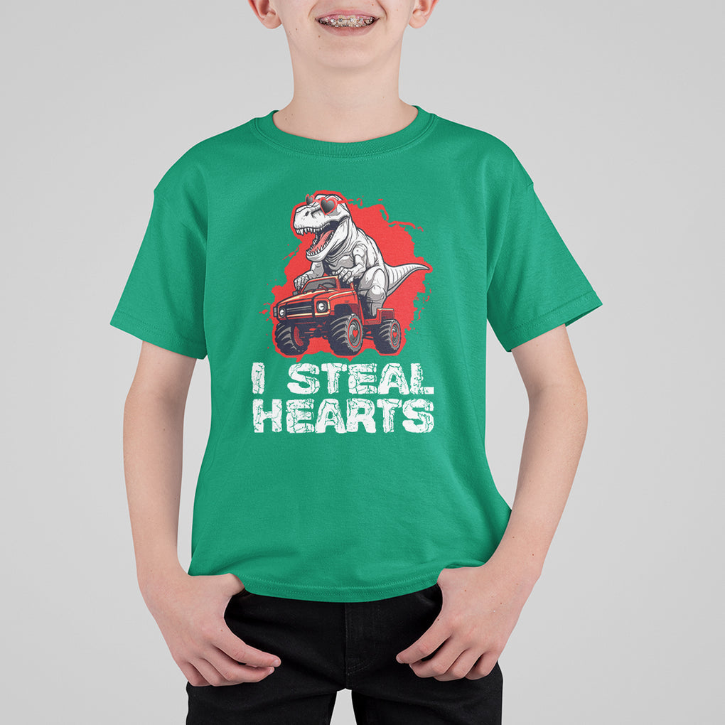 Valentine's Day T Shirt For Kid I Steal Hearts Cool Dinosaur Riding Monster Truck TS09 Irish Green Printyourwear