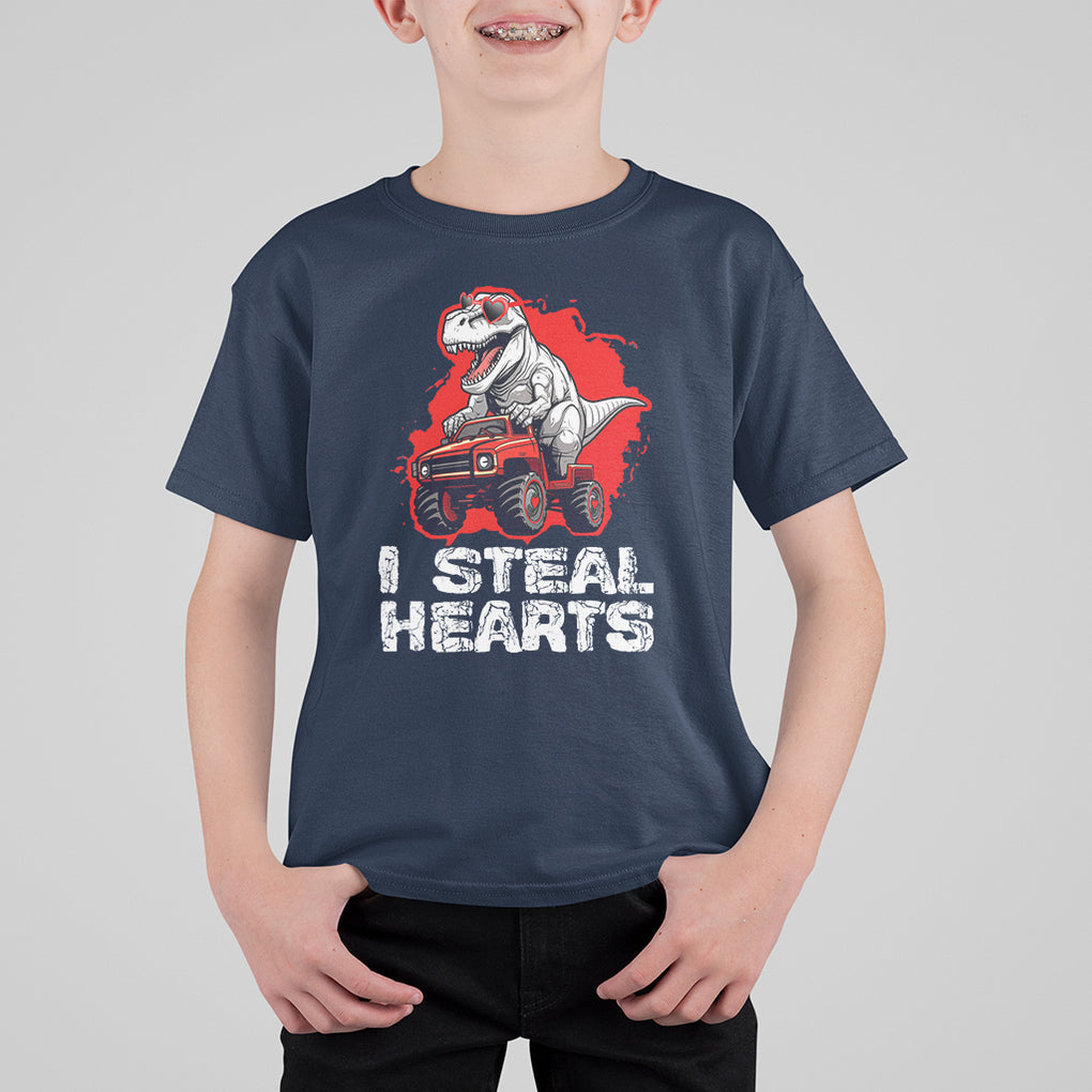 Valentine's Day T Shirt For Kid I Steal Hearts Cool Dinosaur Riding Monster Truck TS09 Navy Printyourwear