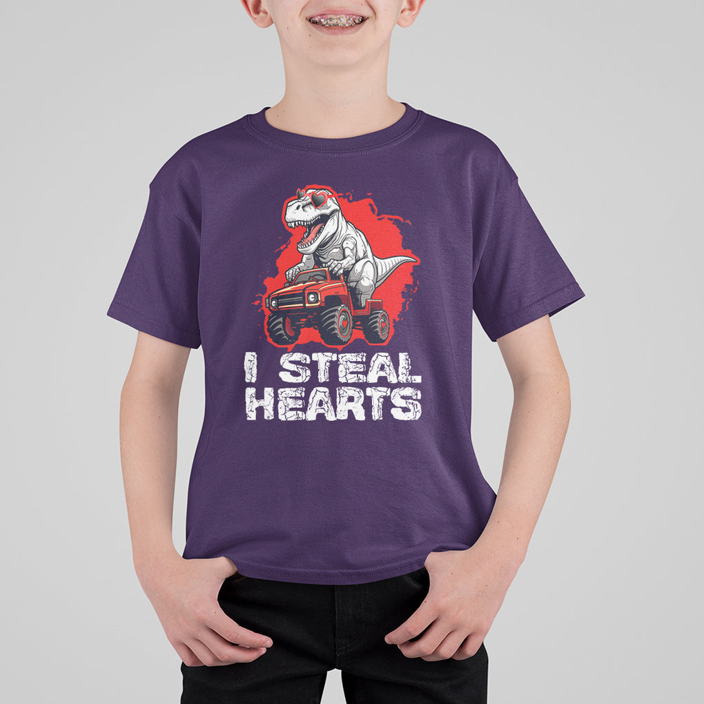 Valentine's Day T Shirt For Kid I Steal Hearts Cool Dinosaur Riding Monster Truck TS09 Purple Printyourwear