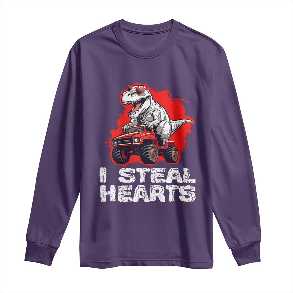 Valentine's Day Long Sleeve Shirt I Steal Hearts Cool Dinosaur Riding Monster Truck TS09 Purple Print Your Wear