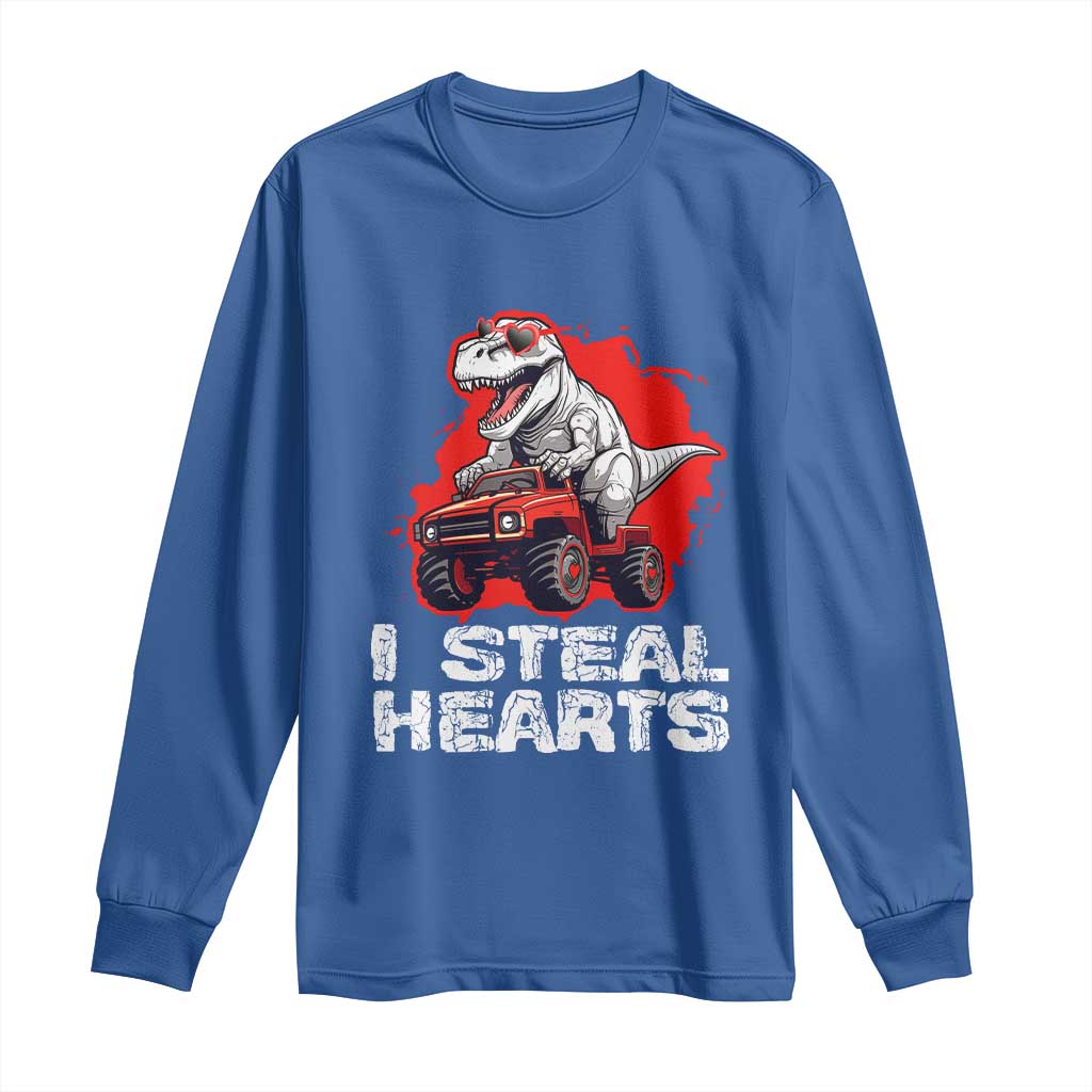 Valentine's Day Long Sleeve Shirt I Steal Hearts Cool Dinosaur Riding Monster Truck TS09 Royal Blue Print Your Wear