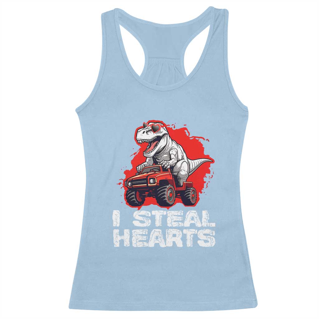 Valentine's Day Racerback Tank Top I Steal Hearts Cool Dinosaur Riding Monster Truck TS09 Light Blue Print Your Wear